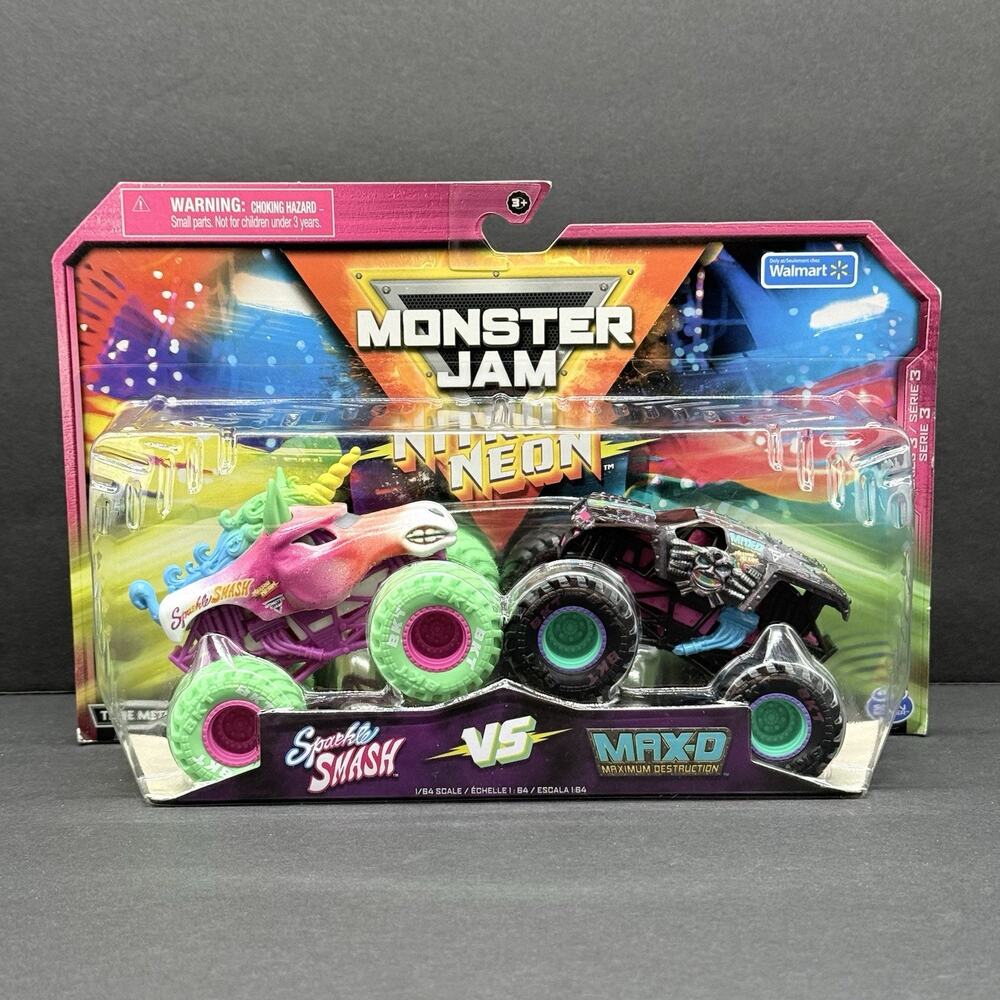 Monster Jam Truck SPARKLE SMASH vs MAX-D 1:64 Series 3 Nitro Neon 2023
